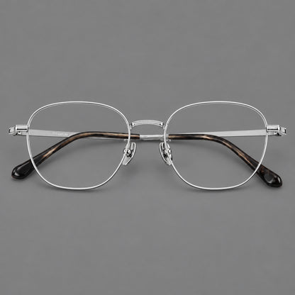 Retro panto titanium glasses with stepped corners and finely engraved temples in Silver, front view additional product view
