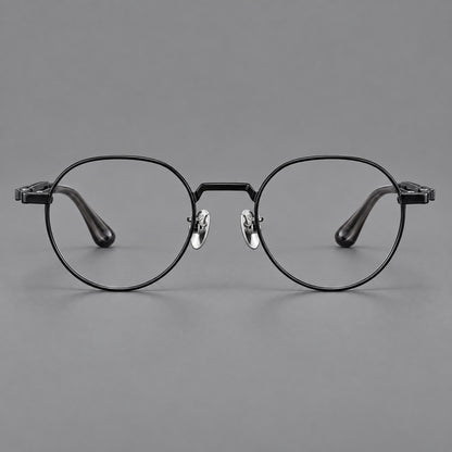 Small panto titanium glasses with an angular bridge and recessed temple details in Black, front view side view