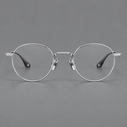 Small panto titanium glasses with an angular bridge and recessed temple details in Silver, front view additional product view