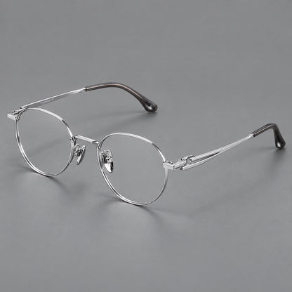 Small panto titanium glasses with an angular bridge and recessed temple details in Silver, three quarter view additional product view