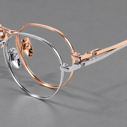 Small panto titanium glasses with an angular bridge and recessed temple details, frame details additional product view