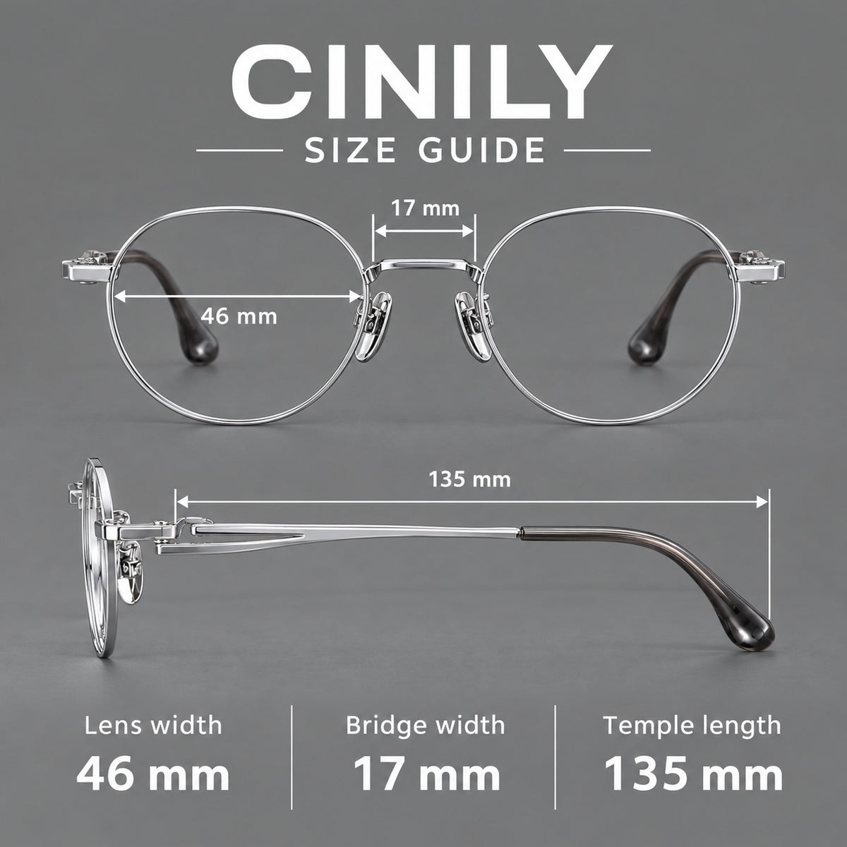 Small panto titanium glasses with an angular bridge and recessed temple details, size guide in millimetres