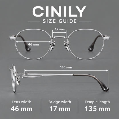Small panto titanium glasses with an angular bridge and recessed temple details, size guide in millimetres additional product view