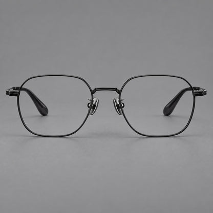 Soft square titanium glasses with an angular bridge and layered corner details in Black, front view side view