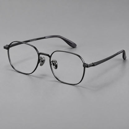 Soft square titanium glasses with an angular bridge and layered corner details in Black, three quarter view