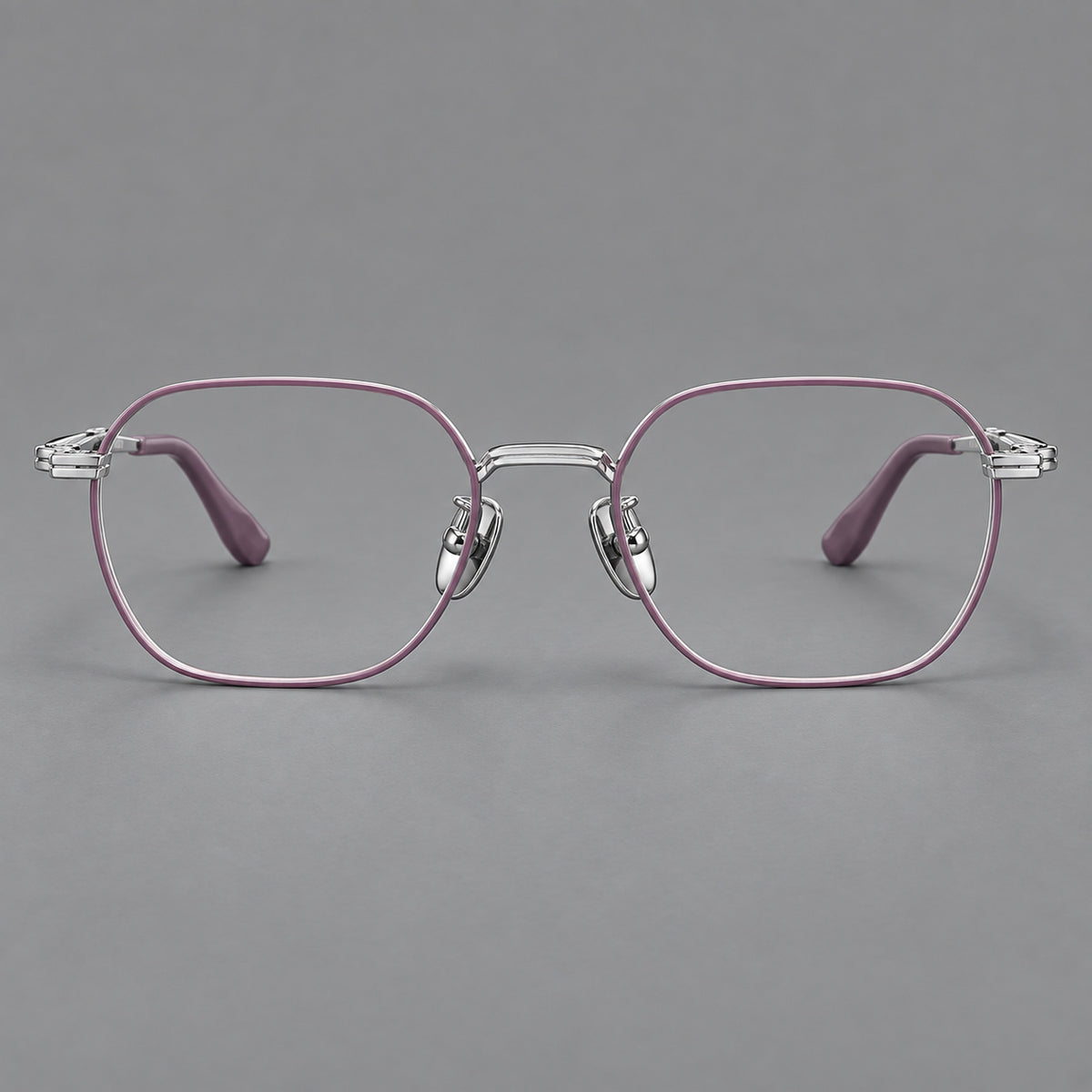 Soft square titanium glasses with an angular bridge and layered corner details in Purple and Silver, front view