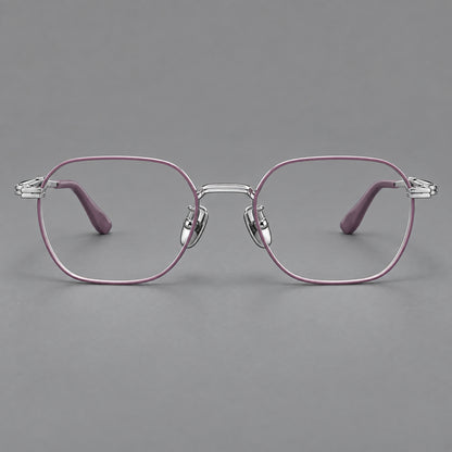 Soft square titanium glasses with an angular bridge and layered corner details in Purple and Silver, front view temple detail