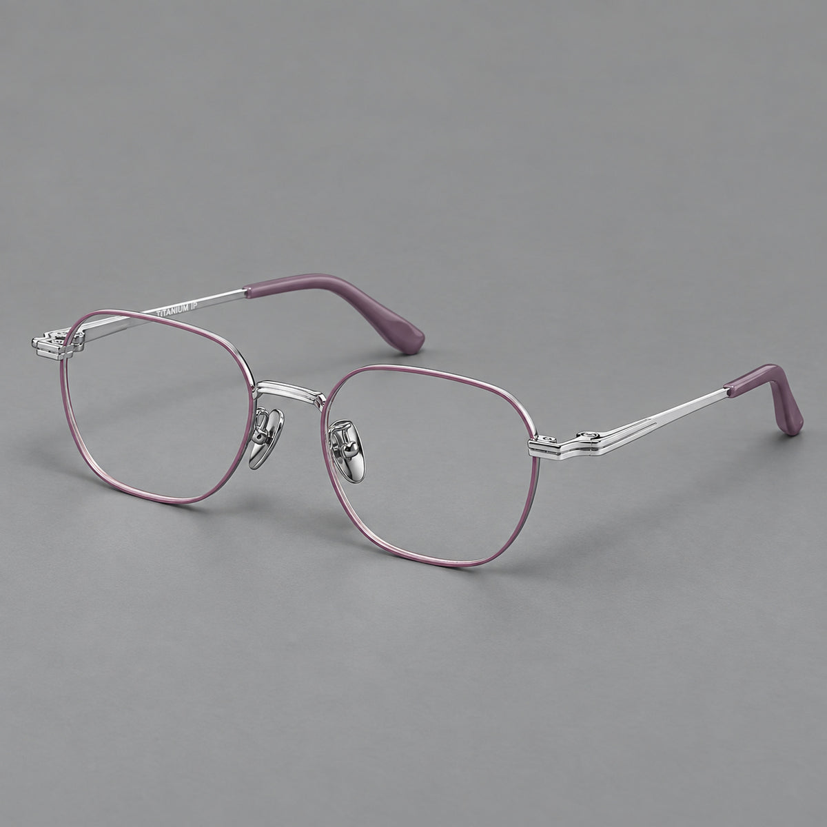 Soft square titanium glasses with an angular bridge and layered corner details in Purple and Silver, three quarter view