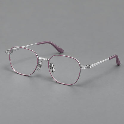 Soft square titanium glasses with an angular bridge and layered corner details in Purple and Silver, three quarter view lens detail