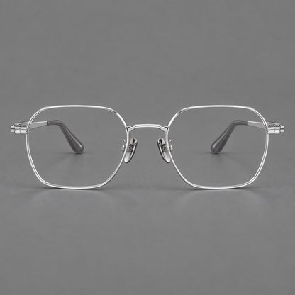 Soft square titanium glasses with an angular bridge and layered corner details in Silver, front view additional product view