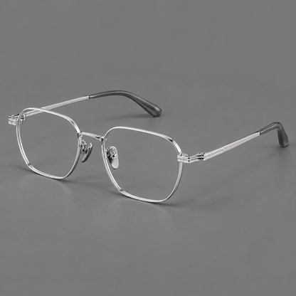 Soft square titanium glasses with an angular bridge and layered corner details in Silver, three quarter view additional product view