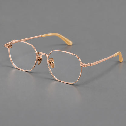 Soft square titanium glasses with an angular bridge and layered corner details in Rose Gold, three quarter view additional product view