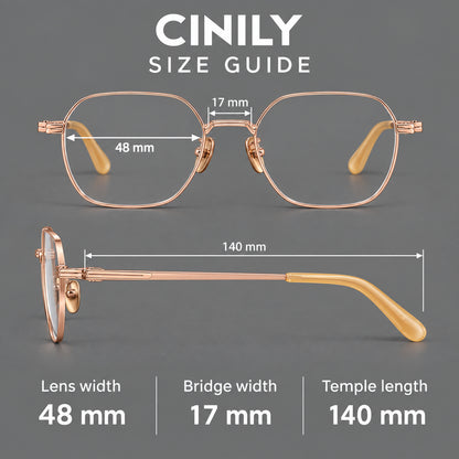 Soft square titanium glasses with an angular bridge and layered corner details, size guide in millimetres additional product view