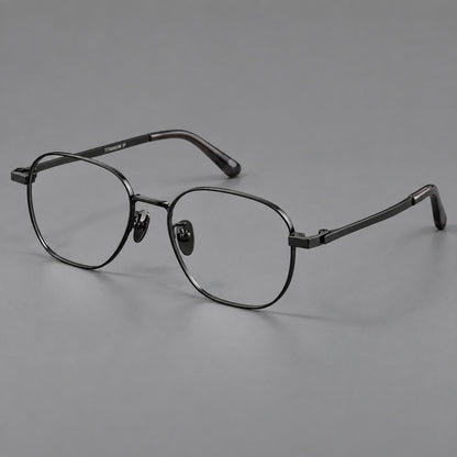 Rounded panto titanium glasses with an angular bridge and broad flat temples in Black, three quarter view