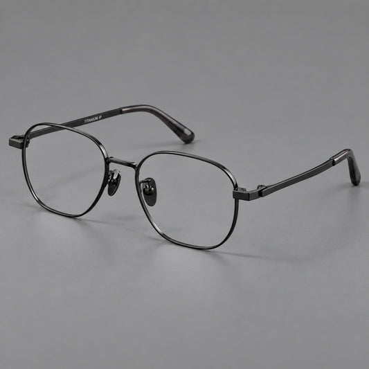 Rounded panto titanium glasses with an angular bridge and broad flat temples in Black, three quarter view