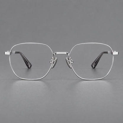 Rounded panto titanium glasses with an angular bridge and broad flat temples in Silver, front view additional product view