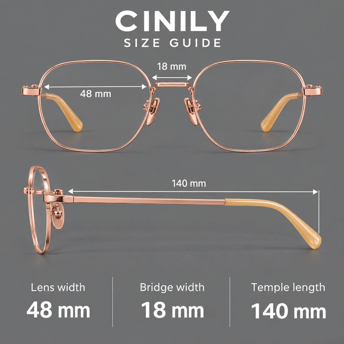 Rounded panto titanium glasses with an angular bridge and broad flat temples, size guide in millimetres