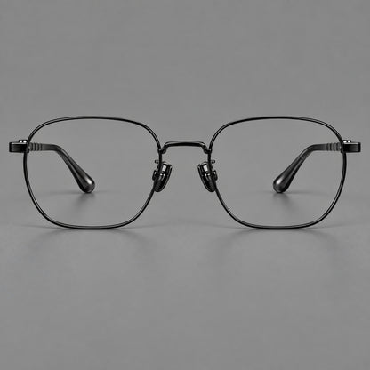 Soft square titanium glasses with a raised bridge and engraved temple bands in Black, front view side view