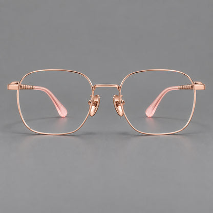 Soft square titanium glasses with a raised bridge and engraved temple bands in Rose Gold, front view additional product view