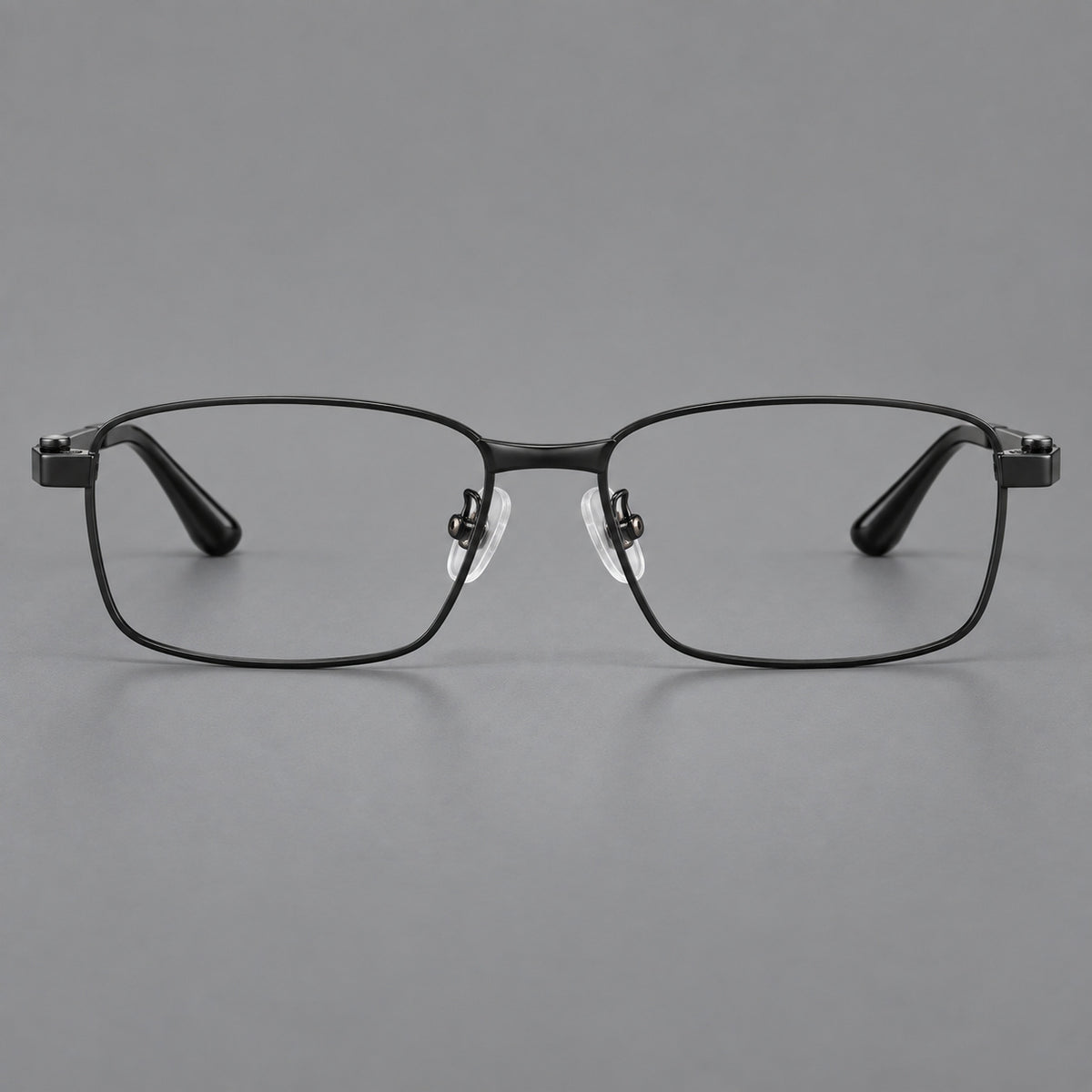 Wide rectangular titanium glasses with a broad bridge and rounded hinge caps in Black, front view
