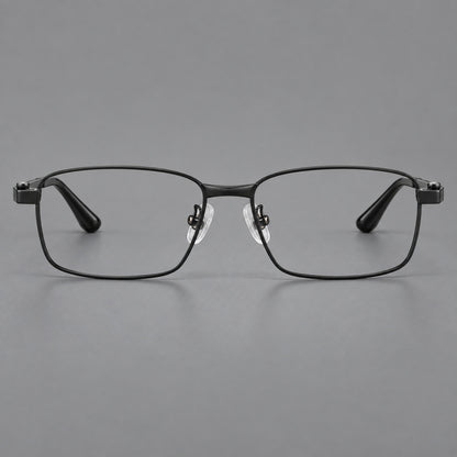 Wide rectangular titanium glasses with a broad bridge and rounded hinge caps in Black, front view side view