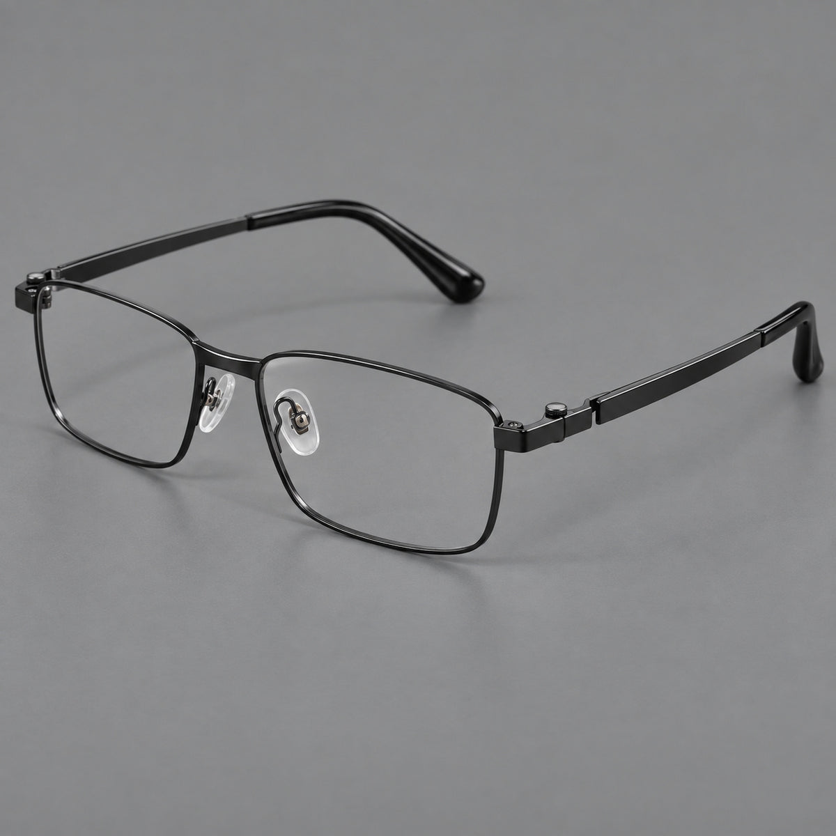 Wide rectangular titanium glasses with a broad bridge and rounded hinge caps in Black, three quarter view