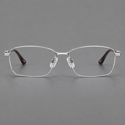 Wide rectangular titanium glasses with a broad bridge and rounded hinge caps in Silver, front view additional product view