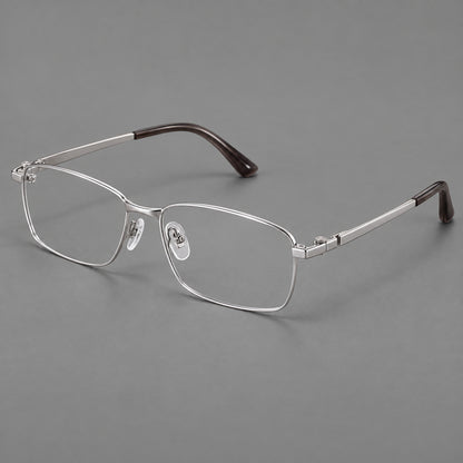 Wide rectangular titanium glasses with a broad bridge and rounded hinge caps in Silver, three quarter view additional product view