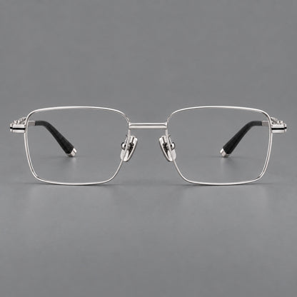Rectangular titanium glasses with inset corner lines and metal capped temple tips in Silver, front view additional product view