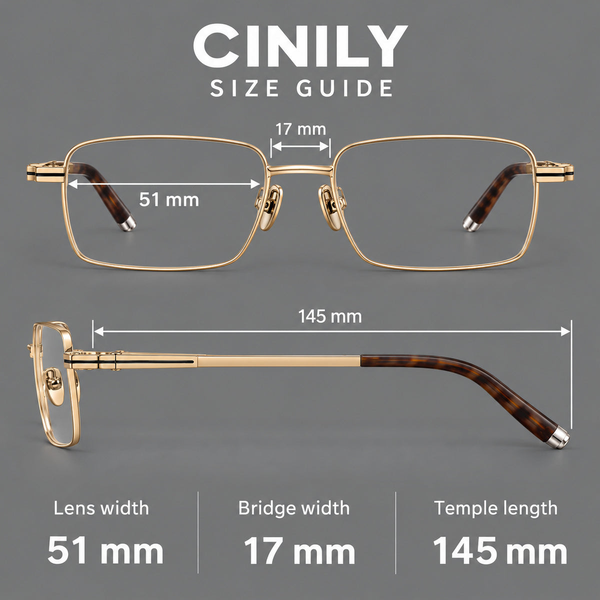 Rectangular titanium glasses with inset corner lines and metal capped temple tips, size guide in millimetres