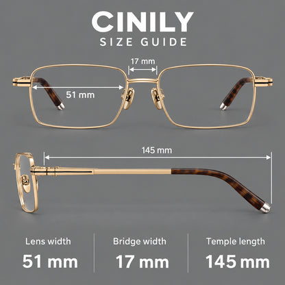 Rectangular titanium glasses with inset corner lines and metal capped temple tips, size guide in millimetres additional product view