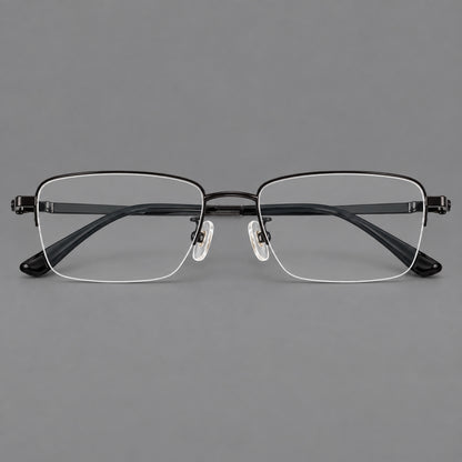Half frame titanium glasses with rectangular lenses and rounded hinge details in Black, front view side view