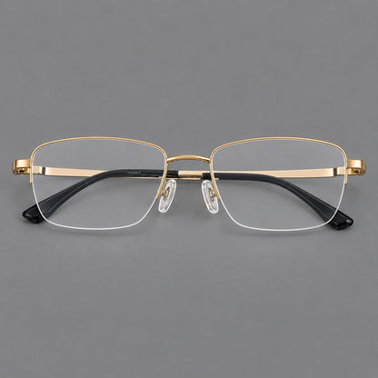 Half frame titanium glasses with rectangular lenses and rounded hinge details in Gold, front view temple detail