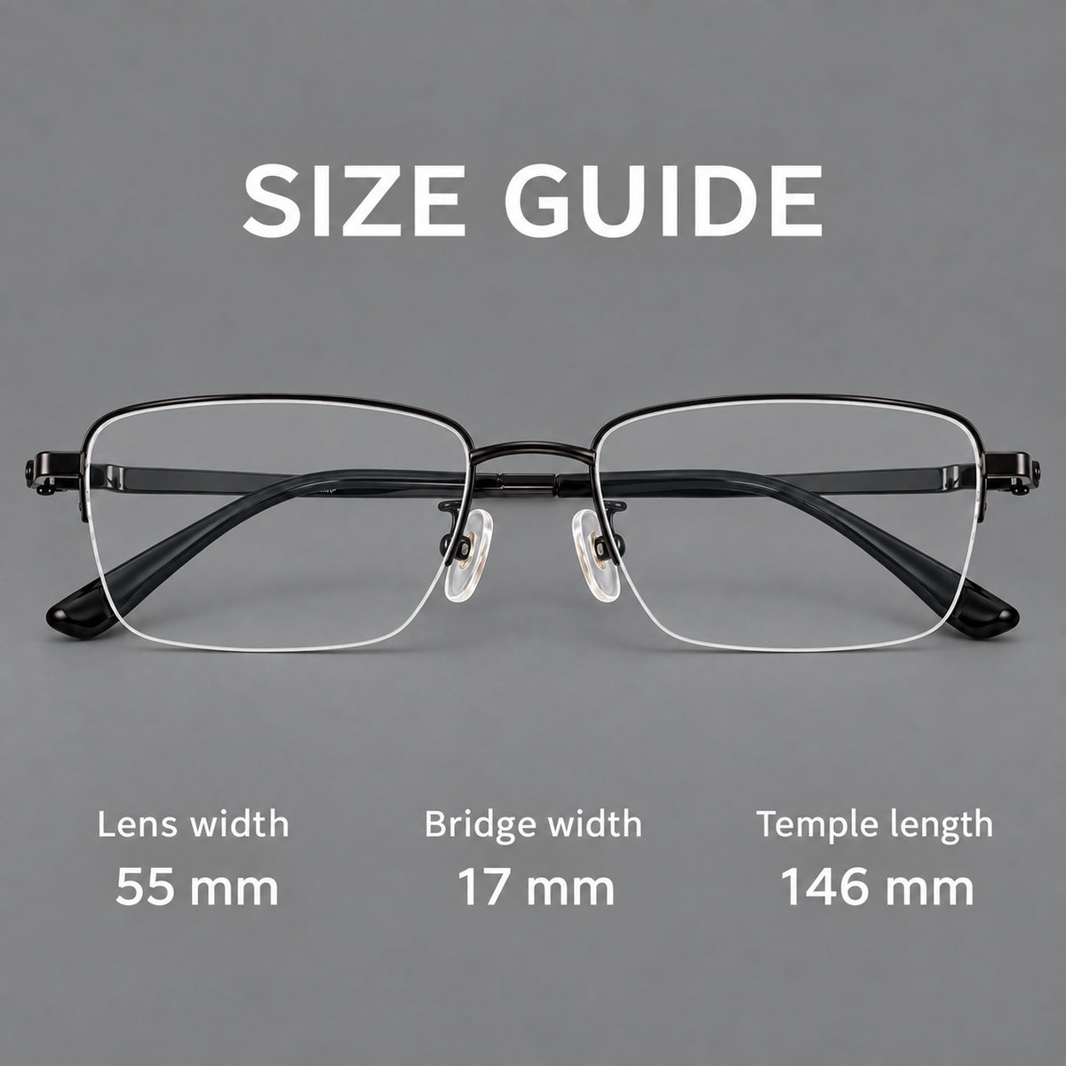 Half frame titanium glasses with rectangular lenses and rounded hinge details, size guide in millimetres