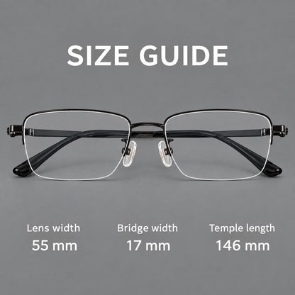 Half frame titanium glasses with rectangular lenses and rounded hinge details, size guide in millimetres additional product view