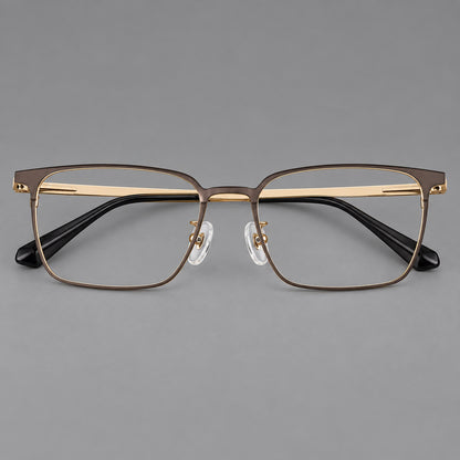 Bold rectangular titanium glasses with strong upper corners and flat metal temples in Gold, front view temple detail