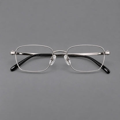 Shallow rectangular titanium glasses with a broad bridge and stepped temple joins in Silver, front view additional product view