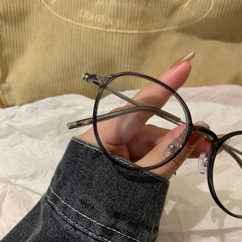 Round Eyeglass Frames with Thin Rims, Transparent Gray or Cool Tea Brown