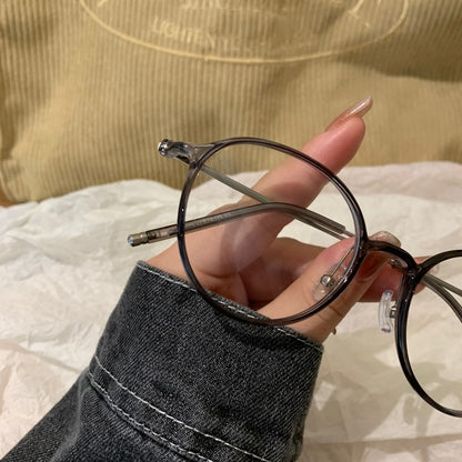 Round Eyeglass Frames with Thin Rims, Transparent Gray or Cool Tea Bro lens detail