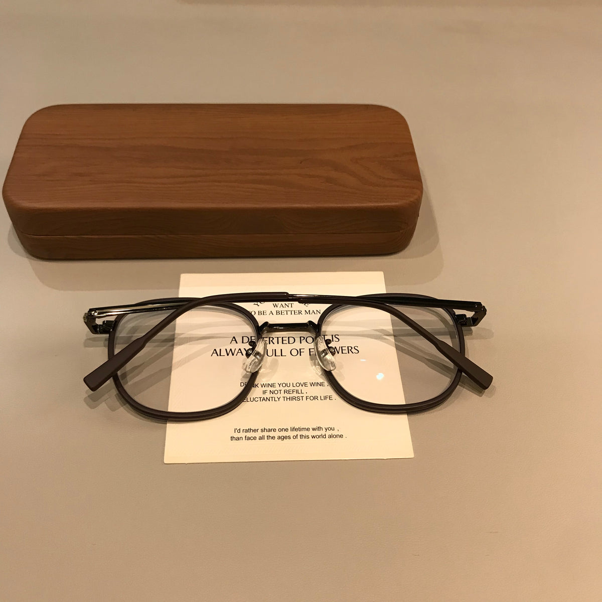 Round Eyeglass Frames with a Matte Finish and Slim Temples, Mocha Brow temple detail