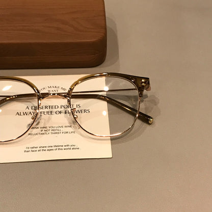 Retro Browline Eyeglass Frames with a Curved Front, Tea Brown/Gold or frame detail