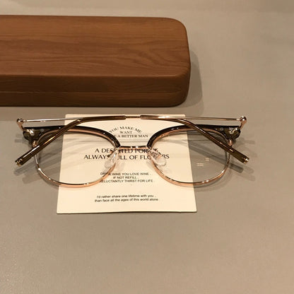 Retro Browline Eyeglass Frames with a Curved Front, Tea Brown/Gold or lens detail