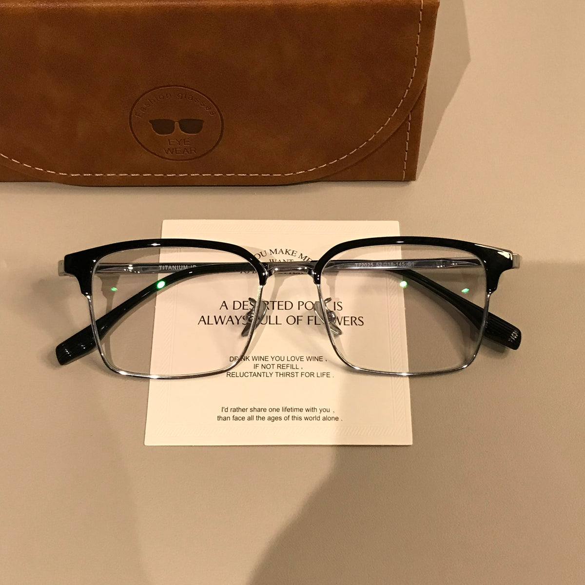 Men's Rectangular Browline Eyeglass Frames with Slim Lower Rims, Black/Silver