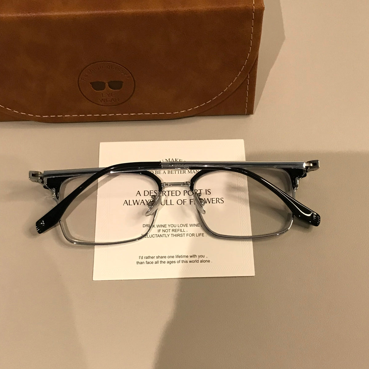 Men's Rectangular Browline Eyeglass Frames with Slim Lower Rims, Black lens detail