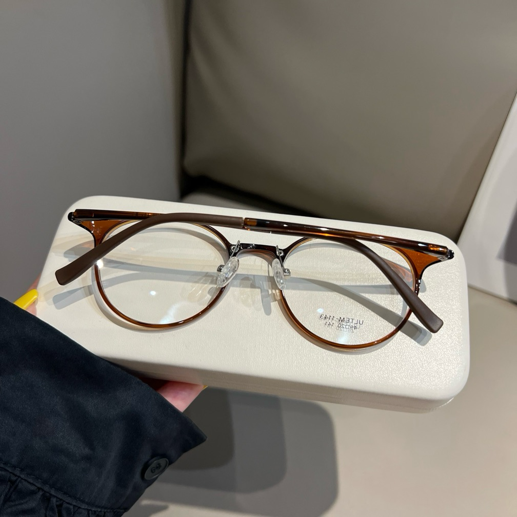 Compact Round Eyeglass Frames with Thin Rims, Chestnut Brown or Black