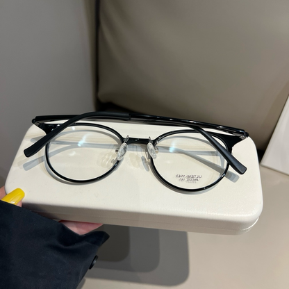 Compact Round Eyeglass Frames with Thin Rims, Chestnut Brown or Black temple detail