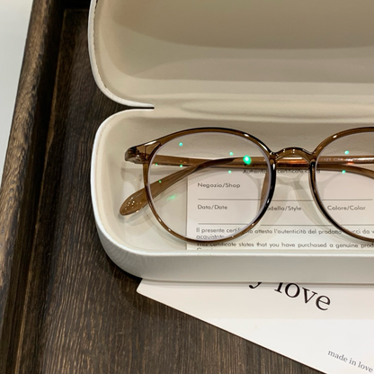 Round Eyeglass Frames with Thin Rims and a Curved Brow, Cool Tea Brown side view