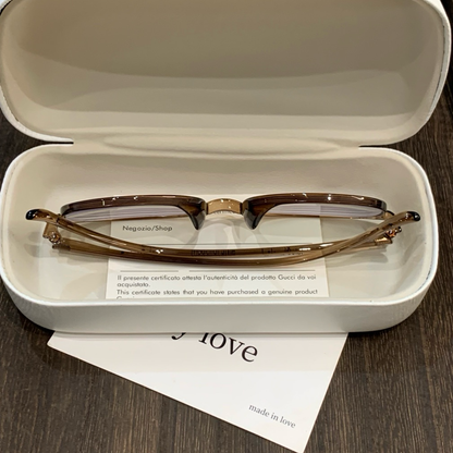 Round Eyeglass Frames with Thin Rims and a Curved Brow, Cool Tea Brown frame detail