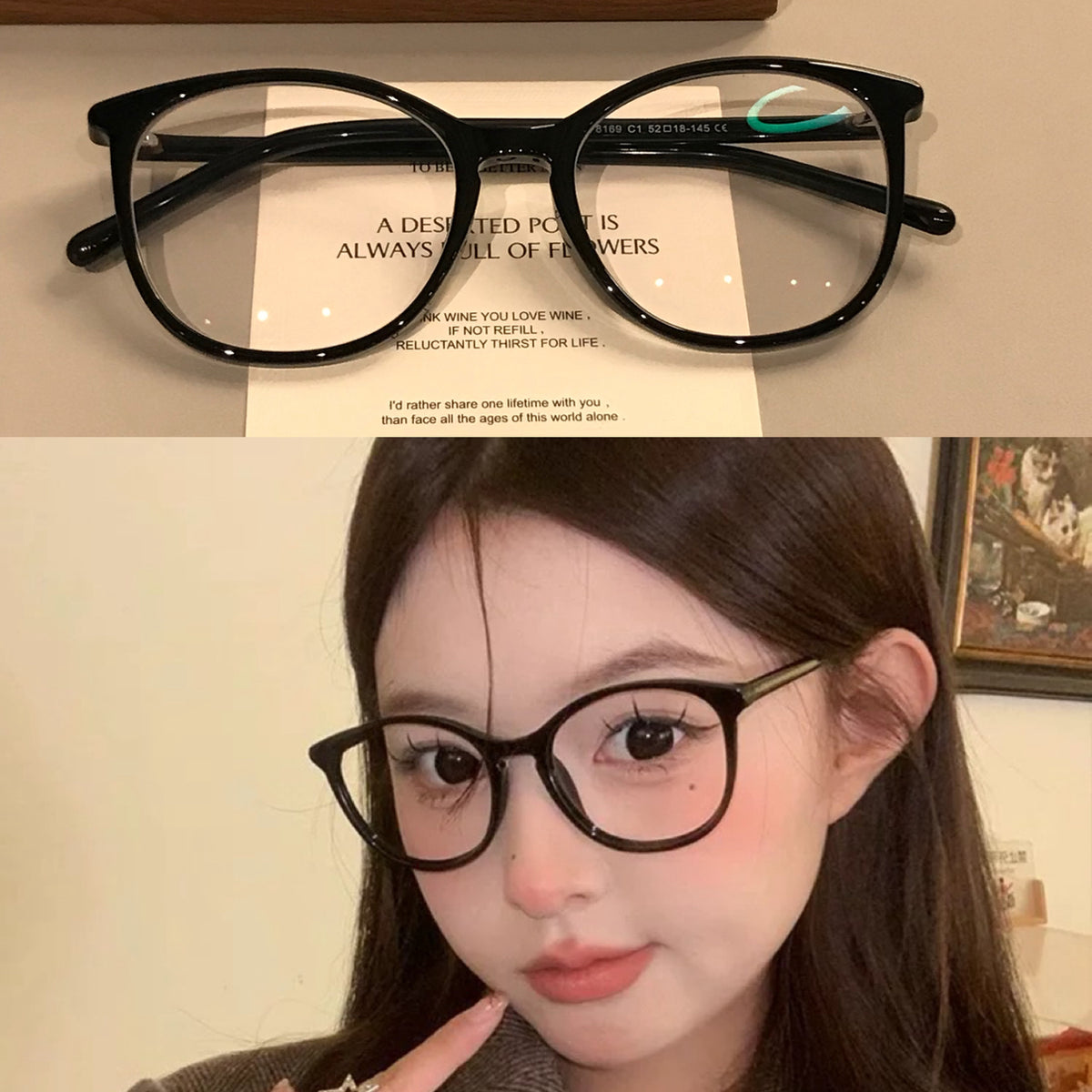 Rounded Square Eyeglass Frames with Slim Temples and Corner Accents, F - Black