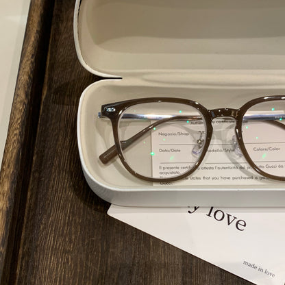 Rounded Square Eyeglass Frames with Corner Accents, Latte Brown or Bla temple detail